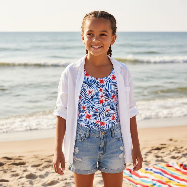 Badpakstof Bloemen en palmbladeren &ndash; wit/indigo,  image number 6