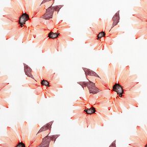 GOTS French Terry sommersweat Zomerse bloesems – wit/koraal, 