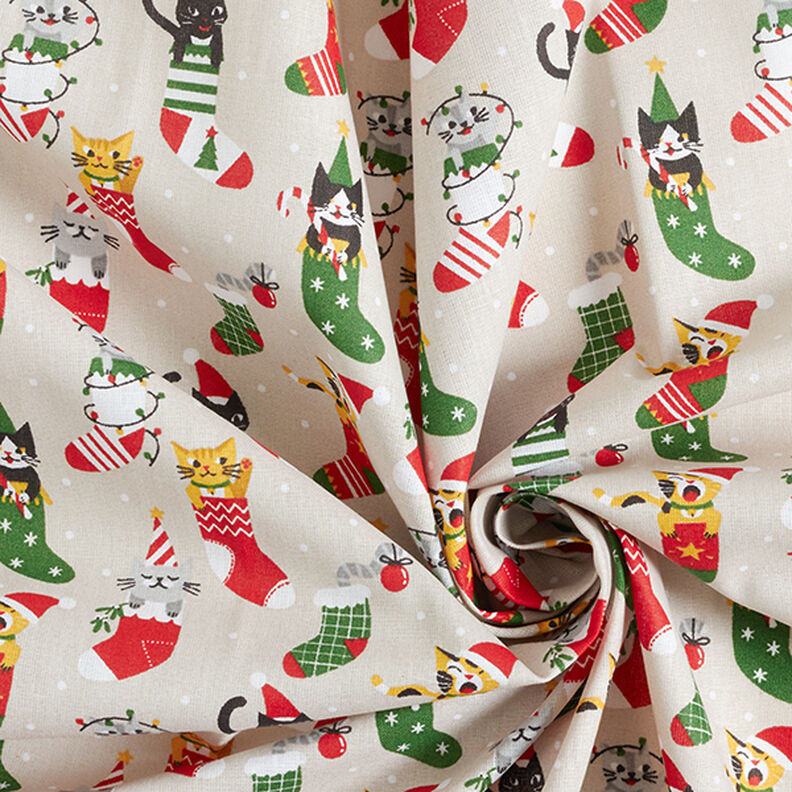 Katoenen stof Cretonne Kerstkatten – natuur, image number 3