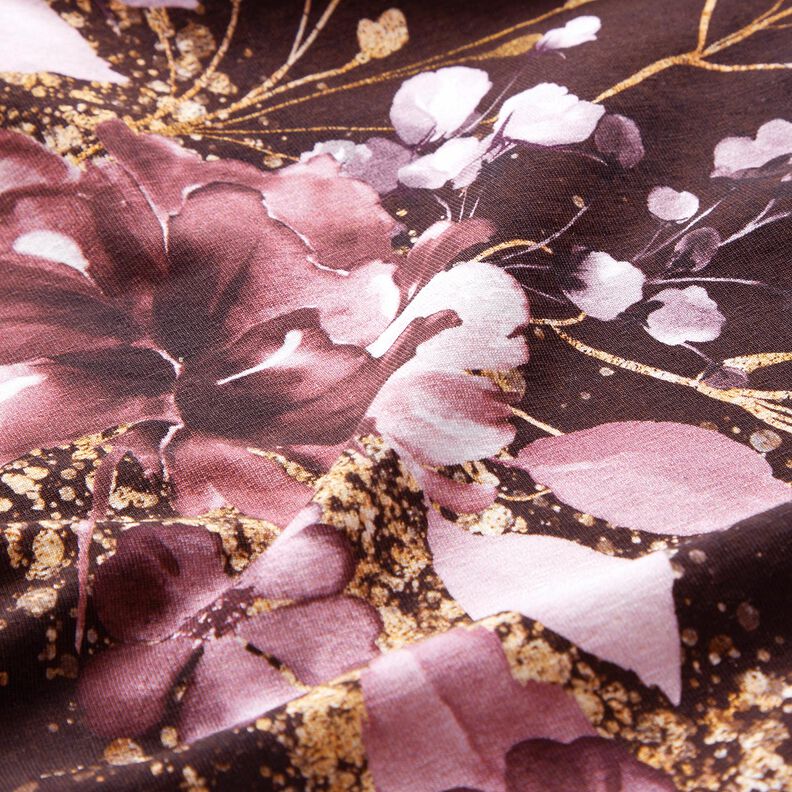 Katoenjersey Borduurstof Bloemen in gouden glitter | Glitzerpüppi – bordeauxrood/pastellila,  image number 7