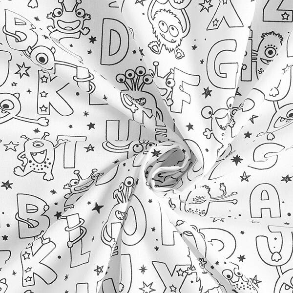 Katoenpopeline Kleurplaten letters-monsters – wit/zwart, image number 3