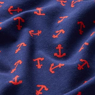Katoenjersey Kleine ankers – marineblauw/vuurrood, 