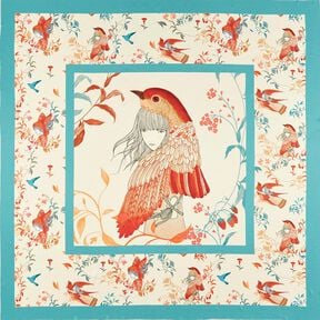 Satijnen paneel vogels en feeën | Katia Fabrics – aquablauw/creme, 