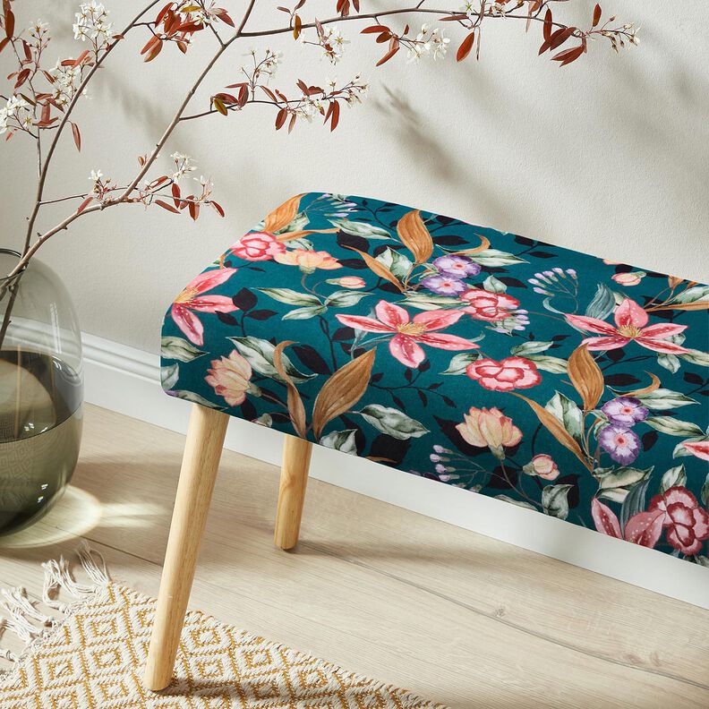 Decoratiefluweel elegante bloemen &ndash; petroleum/pink,  image number 5