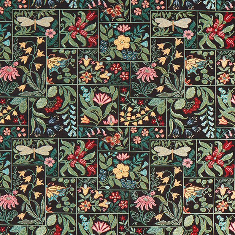 Decostof Gobelin Bloemen-vakjes – zwart,  image number 1