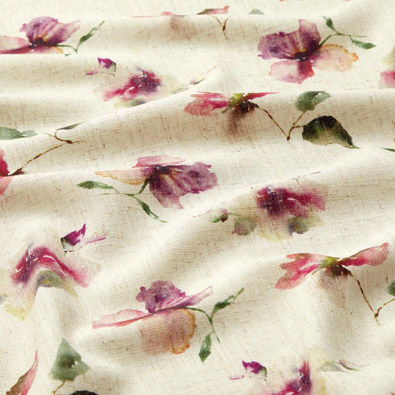 Viscose-linnen-mix Aquarel bloemen – natuur/druif, image number 2
