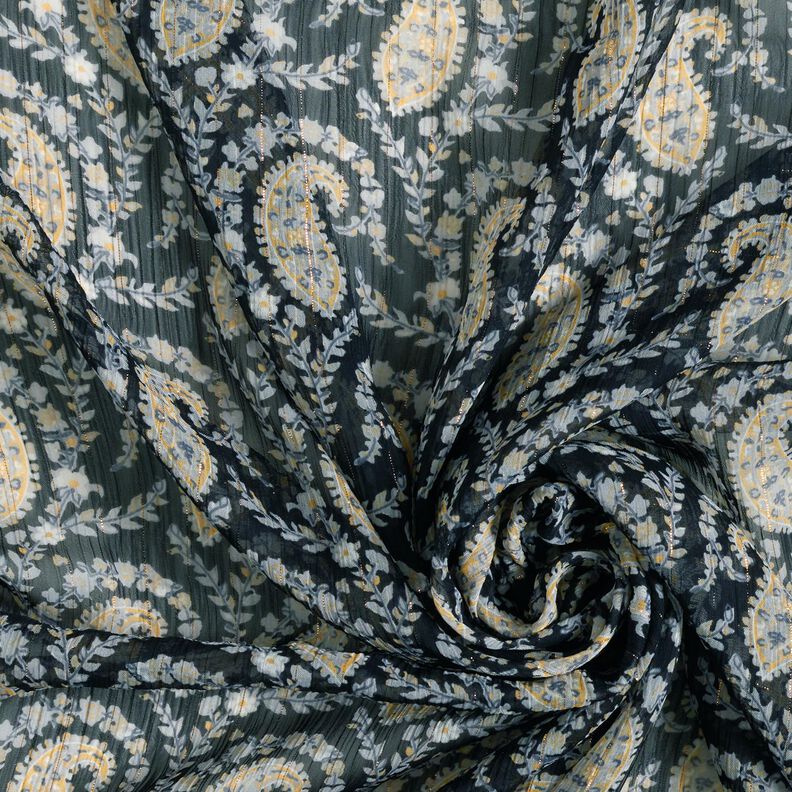 Crêpe chiffon Paisley- en lurexstrepen – zwart/zilverblauw,  image number 3