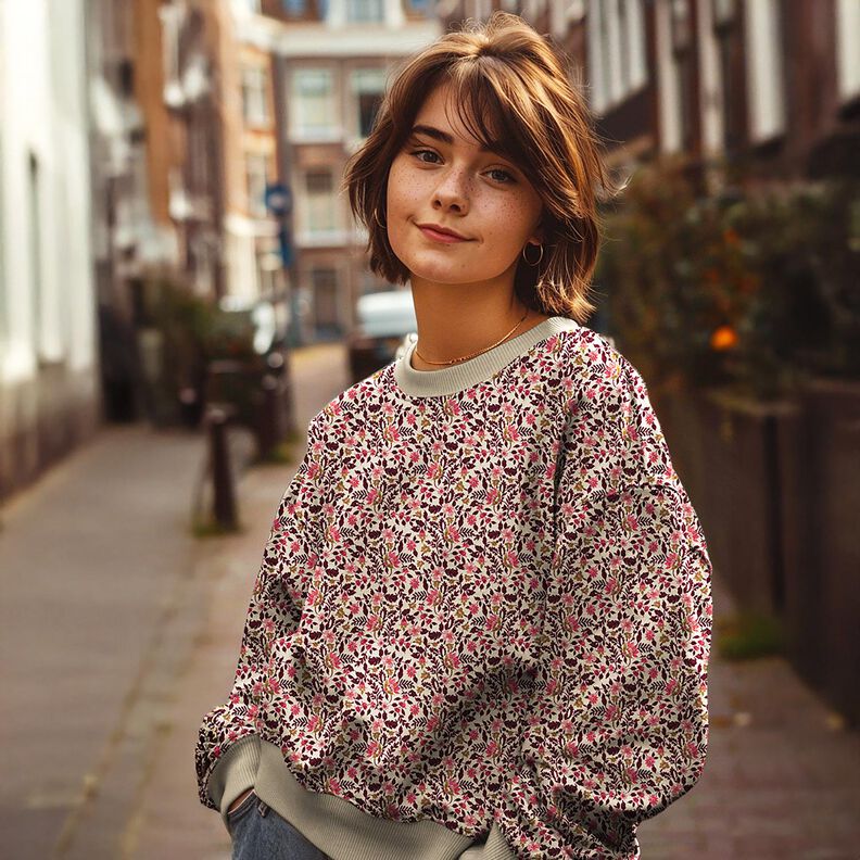 French Terry sommersweat kleine bloemen Digitaal printen – cashew/intens roze,  image number 5