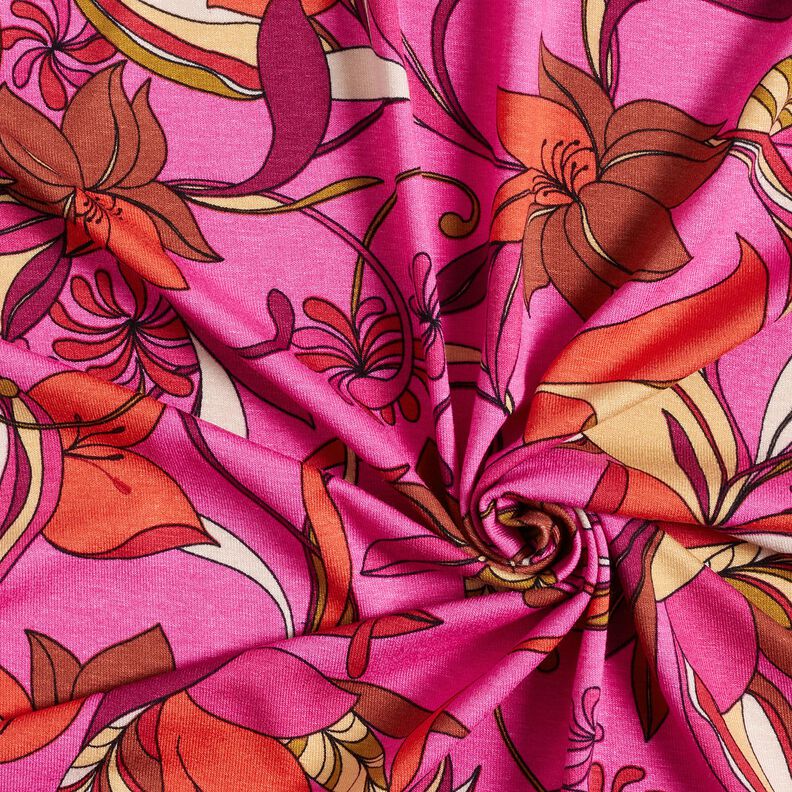 Viscosejersey Delicate bloemen – purper/vuurrood, image number 3