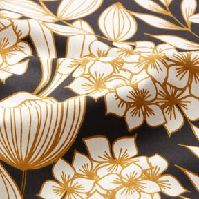 Katoensatijn Tropische bloemen – zwart, 
