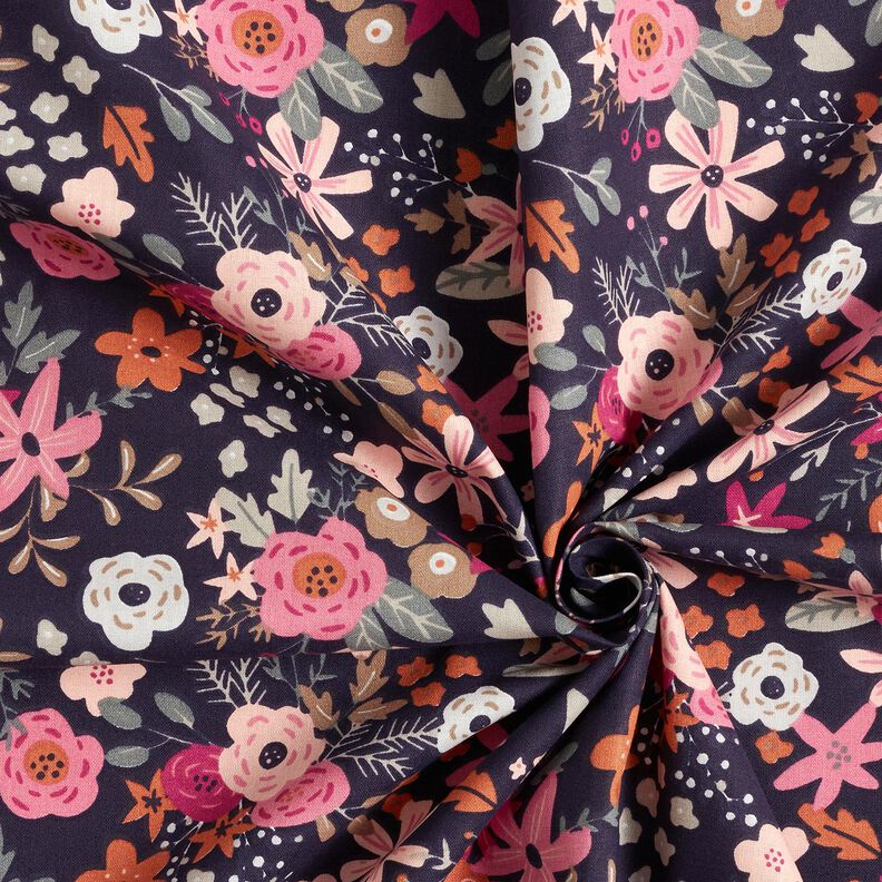 Katoenpopeline bloemenboeketten – zwart blauw/purper,  image number 3