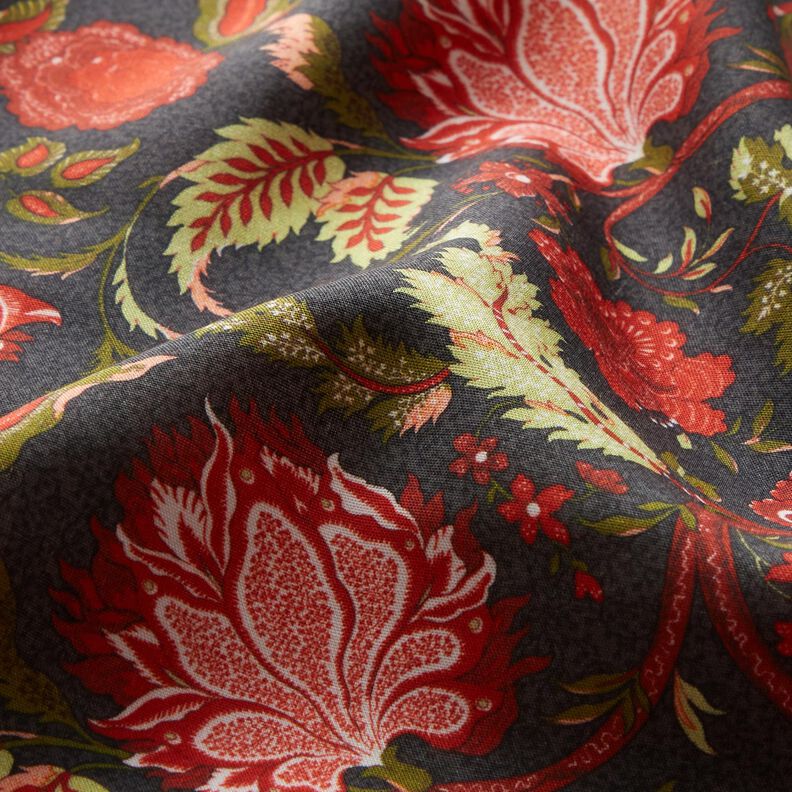 Viscosestof Paisley bloemen – anthraciet/vuurrood,  image number 2