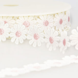 Kanten band margrieten  – wit/roze, 