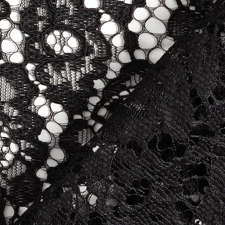 Kanten stof met golvende rand met bloesems aan beide zijden – zwart,  image number 5