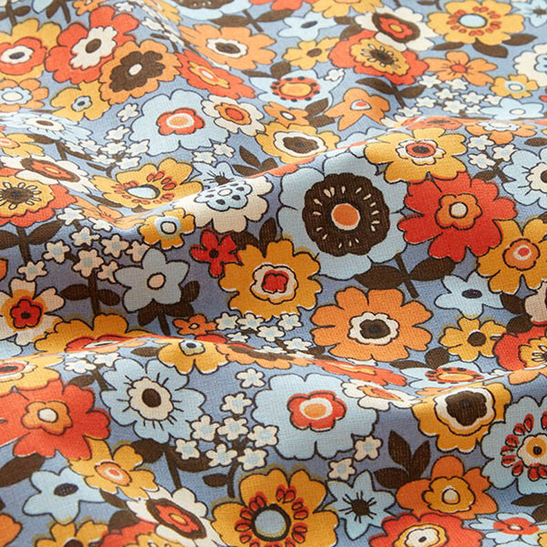 Katoenen stof Cretonne kleurrijke bloemen – licht jeansblauw/oranje,  image number 2