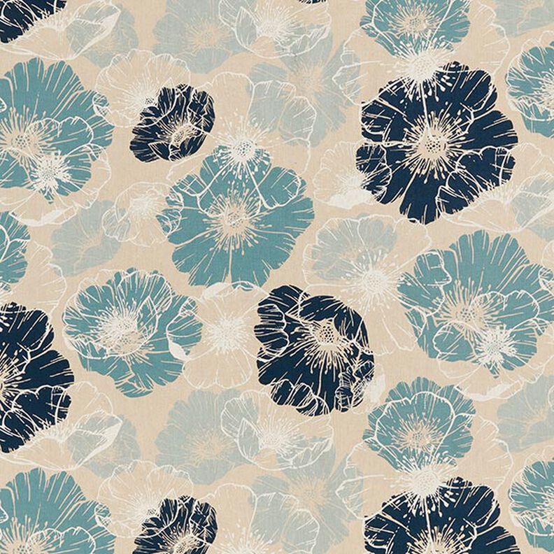 Decostof Half panama indrukwekkende bloemen – marineblauw/natuur,  image number 1