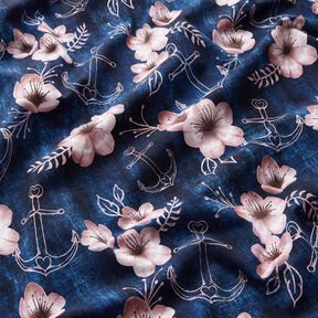Katoenjersey Bloemen & ankers | Glitzerpüppi – nachtblauw/licht oudroze, 