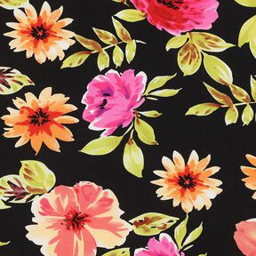 Viscosestof grote bloemen digitale print – zwart/purper, 