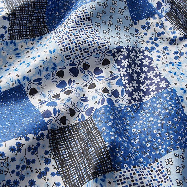 Katoenen stof Cretonne Patchwork-look – wit/blauw,  image number 2