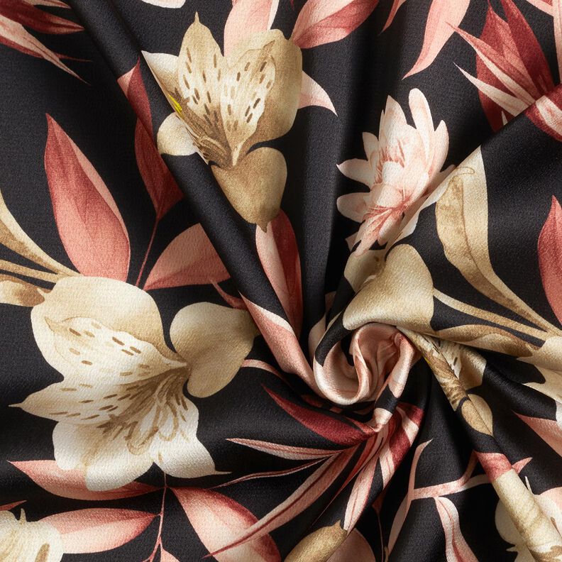 Crêpe satijn magnolia's met palmbladeren – zwart/beige,  image number 3