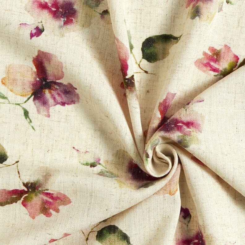 Viscose-linnen-mix Aquarel bloemen – natuur/druif, image number 3