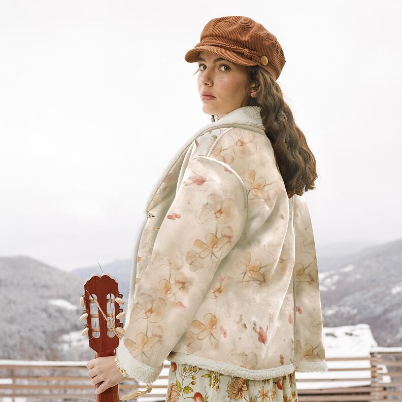 Stretchvelours met Sherpa-achterkant en delicate bloemen | Katia Fabrics – natuur,  image number 6