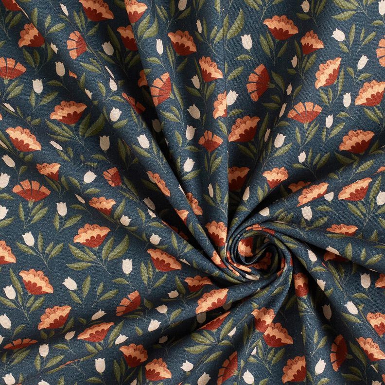 Katoenen stof Popeline delicate bloemen – zwart blauw/terracotta, image number 3