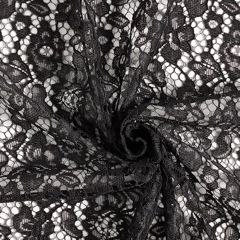 Kanten stof met golvende rand met bloesems aan beide zijden – zwart,  image number 4