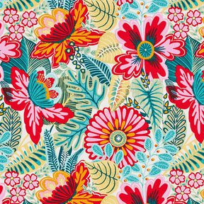 Katoenen stof Cretonne indrukwekkende bloemen – wit/vuurrood, 