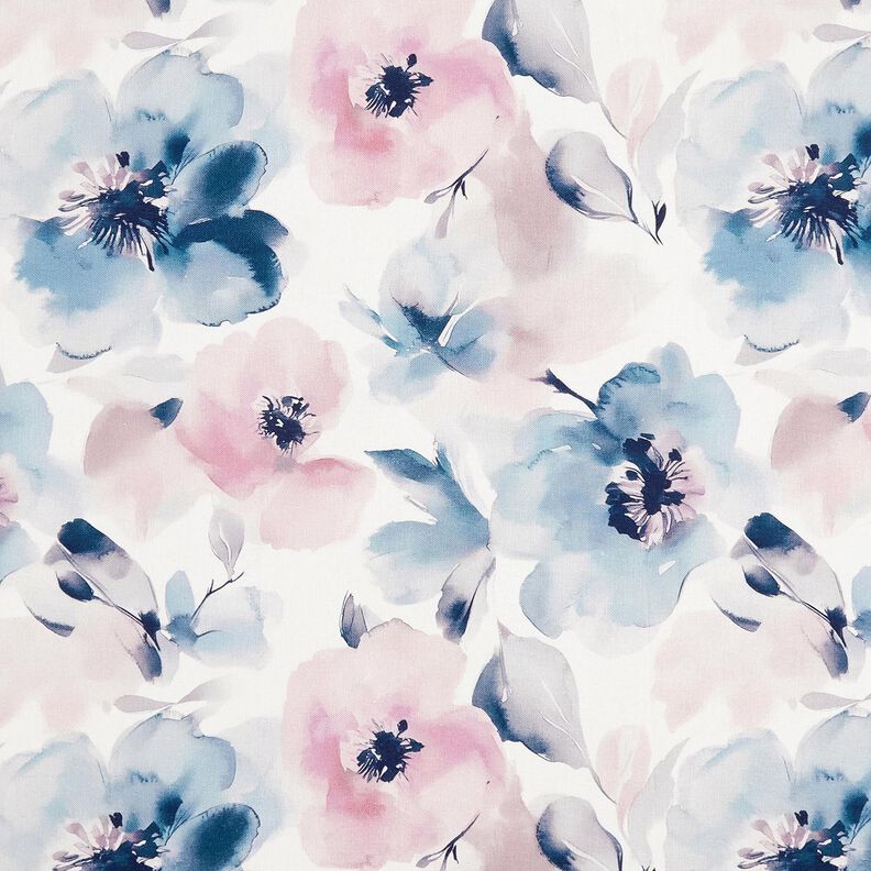 Decostof Half panama grote aquarelbloemen – wit/pastelviolet,  image number 1