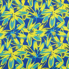 Crêpe Satijn grote kamillebloemen – indigo/citroengeel, 