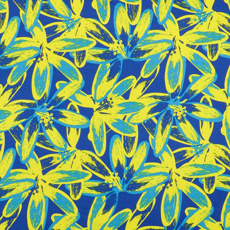 Crêpe Satijn grote kamillebloemen – indigo/citroengeel,  image number 1