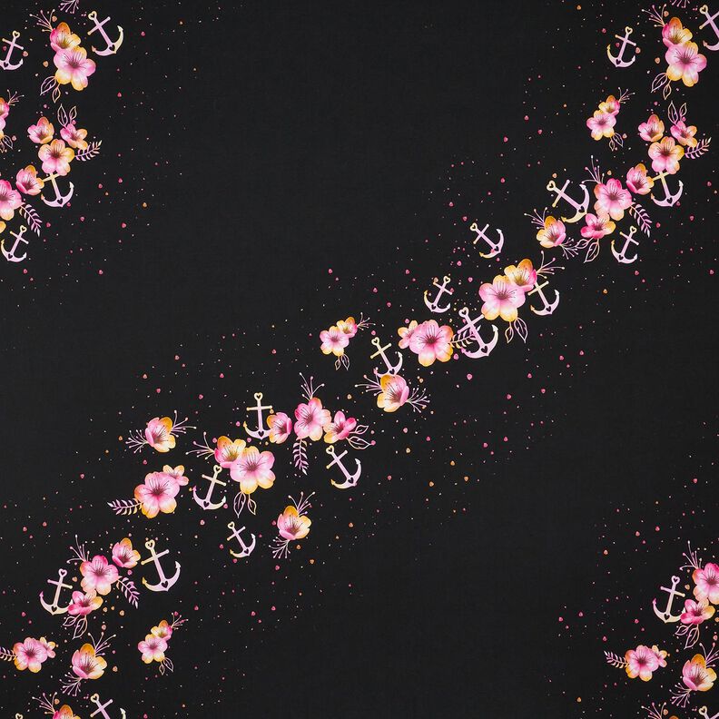 Katoenjersey maritieme bloemen | Glitzerpüppi – zwart/purper,  image number 1