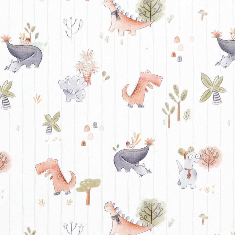 Katoenpopeline Dinosaurussen en strepen Digitaal printen – wit/riet, image number 1