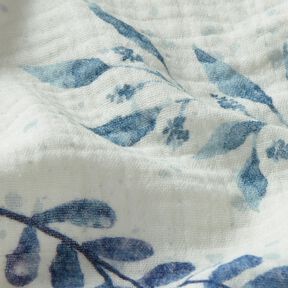 Mousseline/dubbel gehaakte stoffen Aquarel eucalyptus takken – ecru/aquablauw, 
