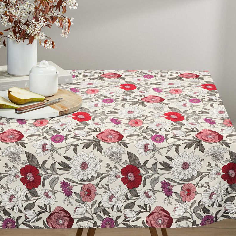 Katoenen stof Cretonne kleurrijke bloemen – druif/natuur,  image number 6