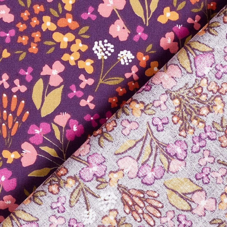 Katoenen stof Cretonne Weidebloemen – aubergine/roze, image number 4