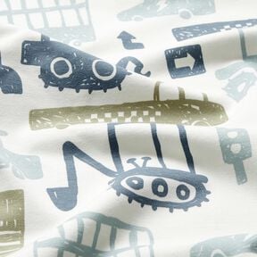 French Terry sommersweat Getekende voertuigen &ndash; wit/blauw, 