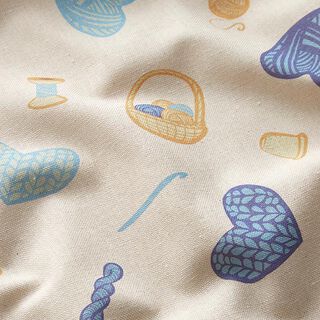Decostof Digitale print Naaibenodigdheden – natuur/blauw, 