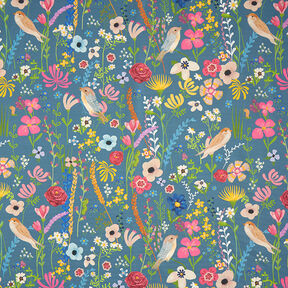 Outdoorstof Canvas canvas vogels en bloemen – staalblauw, 