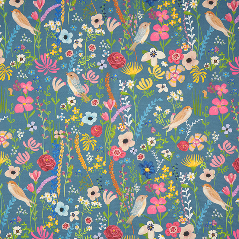 Outdoorstof Canvas canvas vogels en bloemen – staalblauw,  image number 1