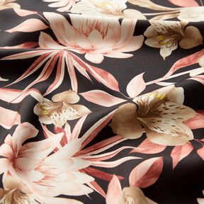 Crêpe satijn magnolia's met palmbladeren – zwart/beige, 