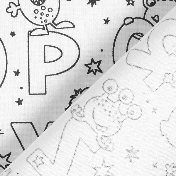 Katoenpopeline Kleurplaten letters-monsters – wit/zwart, image number 4