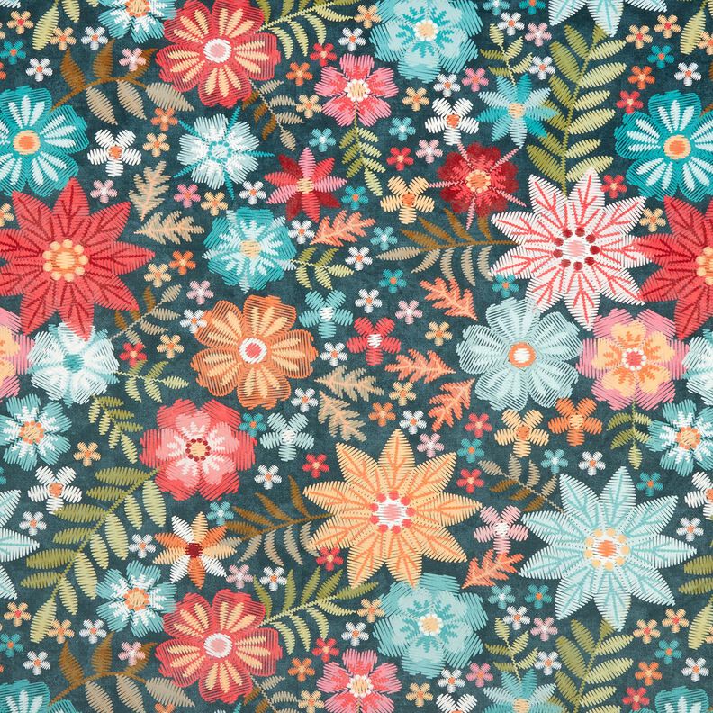 Decoratiefluweel Geborduurde bloemen – petroleum/karmijnrood,  image number 1