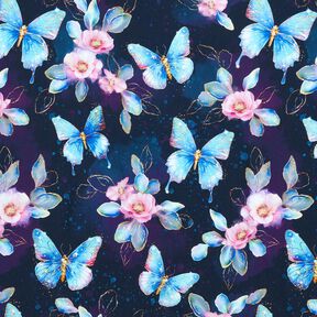 Katoenjersey Glinsterende vlinders en bloemen | Glitzerpüppi  – nachtblauw/ijsblauw | Stofrestant 80cm, 