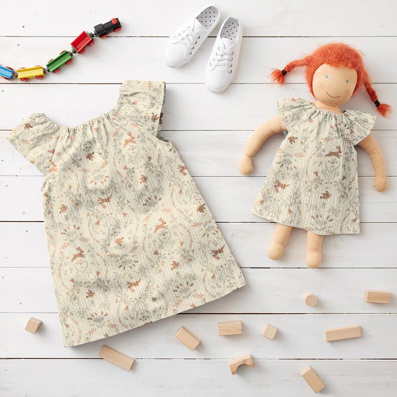 Mousseline/dubbel gehaakte stoffen Vogel en konijn in de bloementuin – ecru,  image number 5