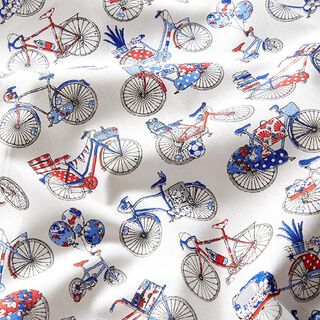 Katoenen stof Cretonne Retro fietsen – wit/blauw, 