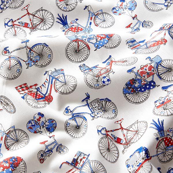 Katoenen stof Cretonne Retro fietsen – wit/blauw,  image number 2