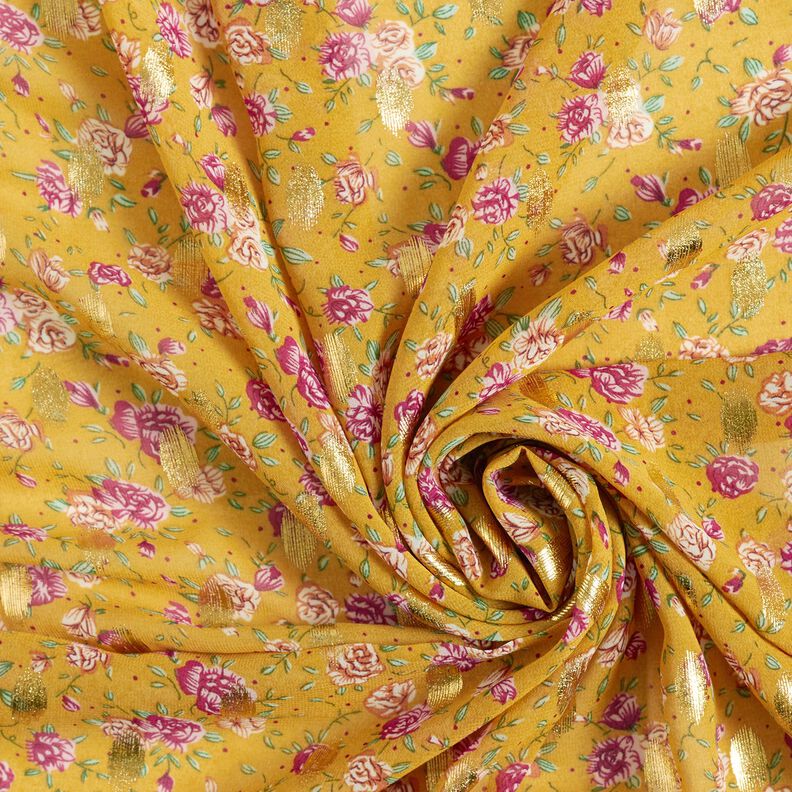 Crêpe chiffon bloemen en gouden stippen – currygeel,  image number 3