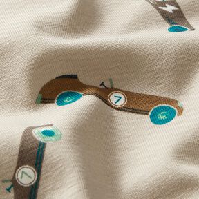 Katoenjersey Retro-raceauto's – licht taupe, 
